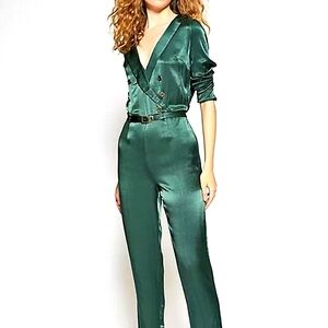 Free People BOHO I am a woman ankle green moss  jumpsuit long sleeves. XS 0 2